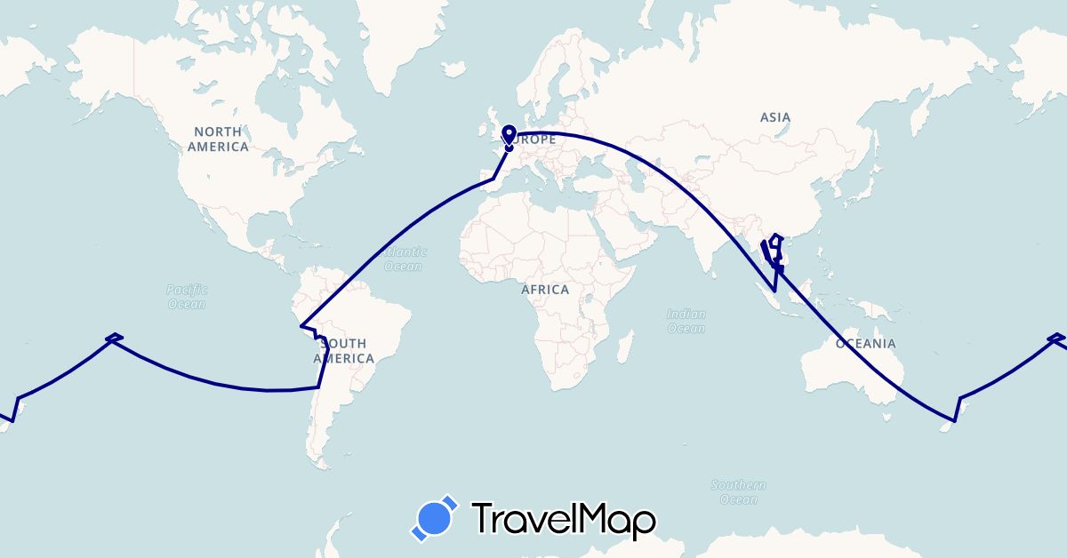 TravelMap itinerary: driving in Australia, Bolivia, Chile, Spain, France, United Kingdom, Cambodia, Laos, New Zealand, Peru, Singapore, Thailand, Vietnam (Asia, Europe, Oceania, South America)